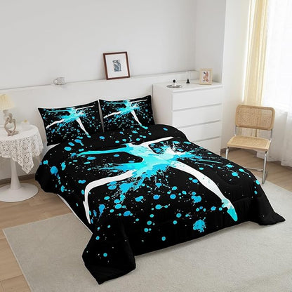 Erosebridal Girls Gymnastics Bedding Set for Gymnast Kids Boys Teens Blue Tie Dye King Size Comforter Set Gymnastics Lovers Down Comforter Dance Room Decor Gymnastics Sport Game Duvet Set, Black