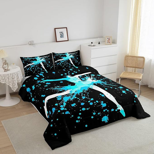 Erosebridal Girls Gymnastics Bedding Set for Gymnast Kids Boys Teens Blue Tie Dye King Size Comforter Set Gymnastics Lovers Down Comforter Dance Room Decor Gymnastics Sport Game Duvet Set, Black