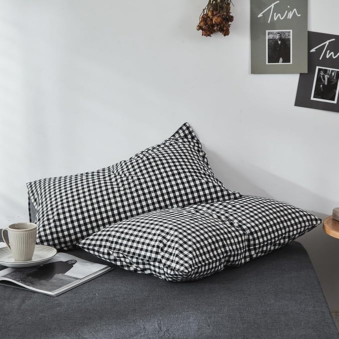 mixinni Black Gingham Comforter Set Twin XL, Plaid Comforter Set 3 Pieces 1 Black Grid Comfoter with 2 Pillow Cases for All Seasons, Soft Fluffy Modern Grid Pattern Printed Bedding-Twin XL Size
