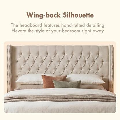 Madison Park Amelia Upholstered Headboard | Nail Head Trim Wingback Button Tufted | King, Cream