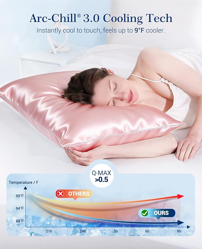 Elegear Cooling Pillow Cases for Hot Sleepers, Upgraded Arc-Chill Cooling Satin Pillowcase Q-max>0.5, Soft Silky Satin Pillowcase for Hair & Skin, Luxury Zipper Pillowcase Cover Set of 2-King,Pink