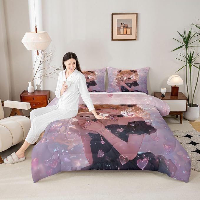 Erosebridal Bow Girls King Down Comforter Pink Kawaii Cartoon Anime Kids Comforter Set with 2 Pillow Cases,Romantic Aesthetic Princess Bedding Set Japanese Style Girl Bed Set