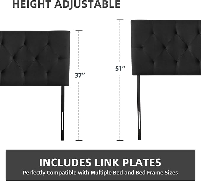 Linen Headboard King Size, Adjustable Height Headboard 37-51 in, Black | Diamond Tufting Solid Wood King Headboards, Durable Metal Legs, Upholstered King Head Board for Bed Frame, Modern Fabric