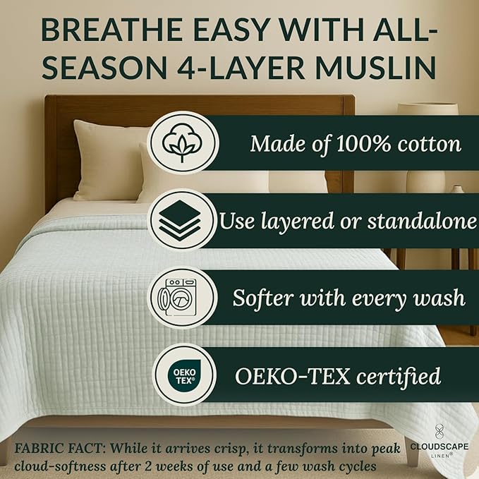 CLOUDSCAPE 100% Cotton Muslin Blanket Twin Size, 4 Layer Oversized 68x92 Fits Twin XL Bed, Soft Breathable, Lightweight, Summer Blanket for Adults, Perfect Spring Gift for All Season- Seafoam