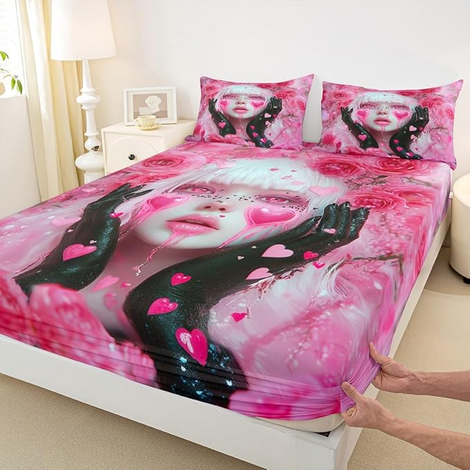 Erosebridal Japanese Girl Fitted Sheet Pink Rose Floral Flowers Bed Sheets Queen Size Anime Decor Bed Set, 3D Anime Gifts for Girls Sheets with 2 Pillowcases - 3 Pieces