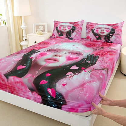 Erosebridal Japanese Girl Fitted Sheet Pink Rose Floral Flowers Bed Sheets Queen Size Anime Decor Bed Set, 3D Anime Gifts for Girls Sheets with 2 Pillowcases - 3 Pieces