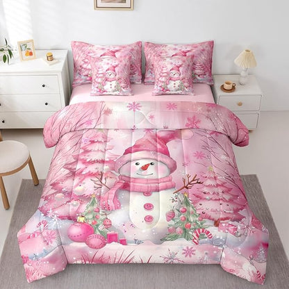 Castle Fairy Kawaii Snowman 7 Pieces Comforter Sets Full,Dreamy Pink Christmas Trees Bedding Set for Kids Girls Bedroom Decor,Cute Winter Snowflake Bed in a Bag with Comforter,Sheets and Pillow Cases