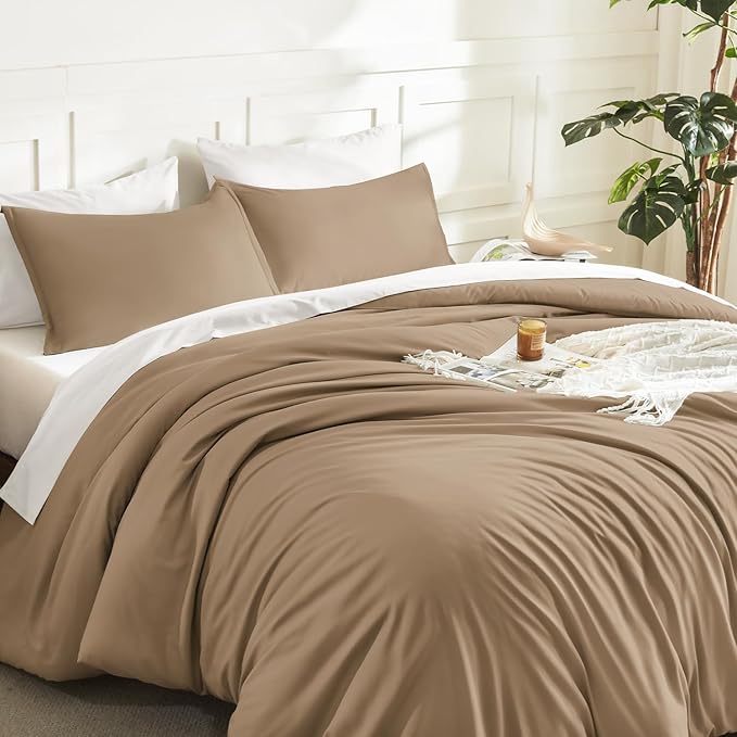 Litanika Taupe Comforter Set Full Size, 3 Pieces Solid Bedding Comforter Set, All Season Fluffy Bed Set (79x90In Comforter & 2 Pillowcases)