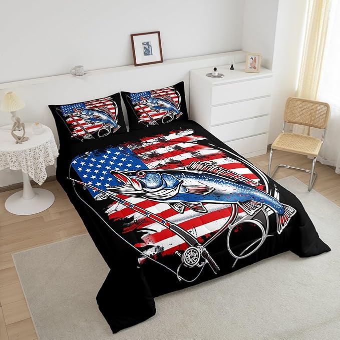 Feelyou Bass Fish Bedding Set Twin Size Farmhouse Fishing American Flag Comforter Set for Kids Boys Girls Teens Fishing Lover Room Wild Pike Fish Decor Comforter Red Blue Stripe Quilted Set 3Pcs