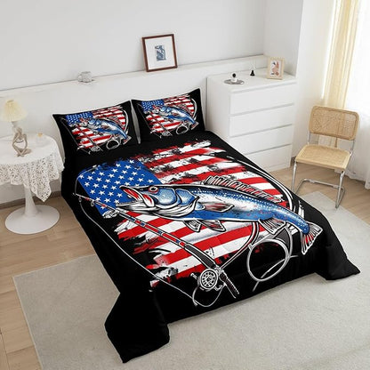 Feelyou Bass Fish Bedding Set Twin Size Farmhouse Fishing American Flag Comforter Set for Kids Boys Girls Teens Fishing Lover Room Wild Pike Fish Decor Comforter Red Blue Stripe Quilted Set 3Pcs