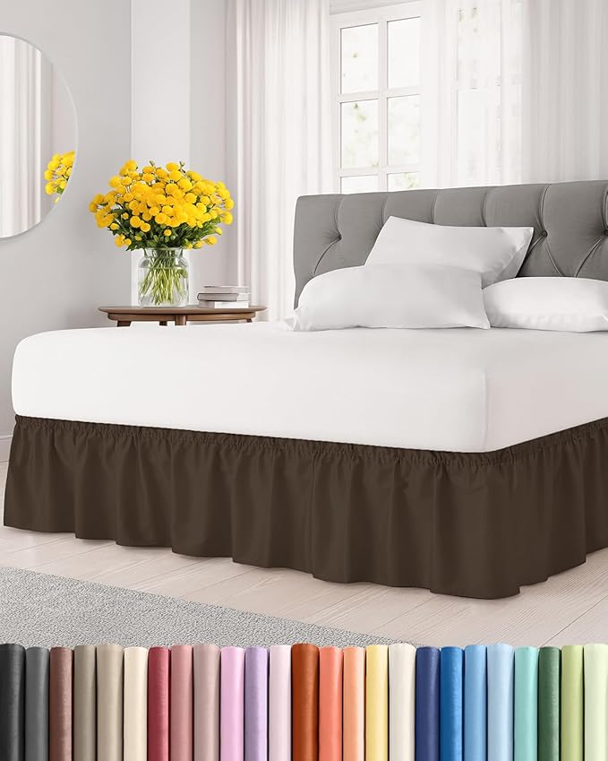 Wrap Around Dust Ruffle Bed Skirt - Brown - for Full Size Beds with 12 Inch Drop - Easy Fit Elastic Strap - Adjustable Pleated Bedskirt w/Brushed Fabric - Wrinkle Free - for Women, Men, Kids & Teens