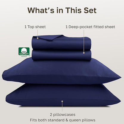 California Design Den Thick and Natural 100% Cotton Queen Bed Sheets Set - 1000 Thread Count Sateen Bedding Sheets & Pillowcases, Deep Pockets, Durable Bedding Set - Navy Blue