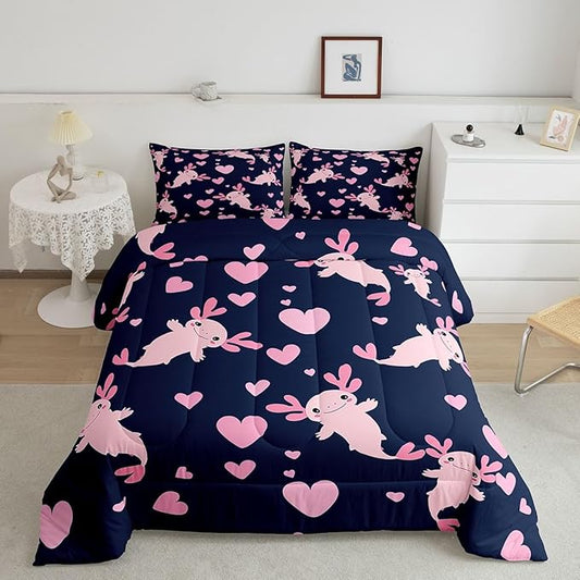 Feelyou Axolotl Comforter Set Toddler Size Heart Comforter for Boys Girls Teens Cute Axolotl Bedding Set Cartoon Salamander Duvet Set Room Decor Navy Blue Pink Quilt Set