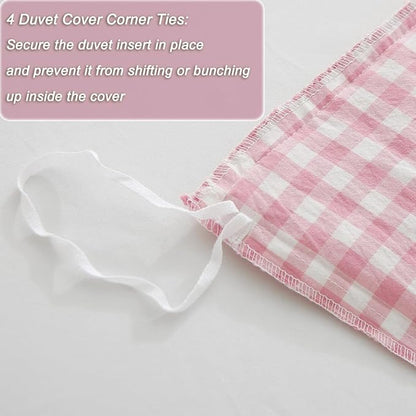 Vintage Pink/White Plaid Ruffle 3-Piece Duvet Cover Set Queen Size,Washed Cotton Shabby Gingham Checkered Bedding Set Farmhouse Comforter Set