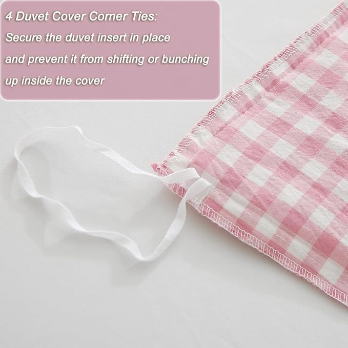 Vintage Pink/White Plaid Ruffle 3-Piece Duvet Cover Set Full Size,Washed Cotton Shabby Gingham Checkered Bedding Set Farmhouse Comforter Set
