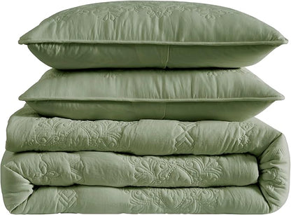 Boho Sage Green Quilt Queen Size Bedding Sets with Pillow Sham, Bohemian Lightweight Soft Bedspread Coverlet, Farmhouse Floral Vintage Thin Comforter Bed Cover All Season, 3 Pieces, 90x90 inches