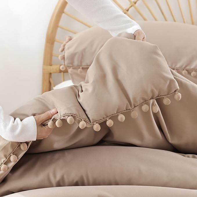 YIRDDEO Full Size Comforter Sets - Full Size Comforter with Ball Pom Fringe, Soft Bedding Set for All Seasons - 3 Pieces, 1 Comforter (79"x90") & 2 Pillow Shams(20"x26"), Taupe
