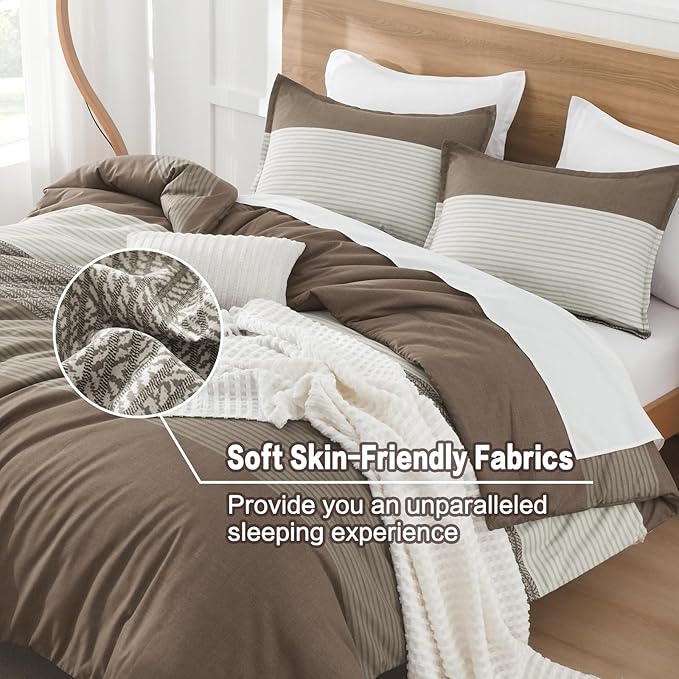 Litanika Comforter Set Twin/Twin XL Coffee - 2 Pieces Lightweight Colorblock Stripe Fluffy Bedding Comforter Sets, All Season Bed Set