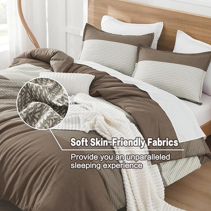 Litanika Comforter Set King Size Coffee - 3 Pieces Lightweight Colorblock Stripe Fluffy Bedding Comforter Sets, All Season Bed Set