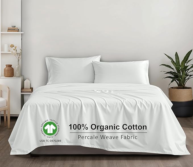 RUVANTI 100% Organic Cotton Sheets California King, Percale Weave, GOTS Certified, 4-Piece Set, Deep Pocket 13", Crisp & Breathable, Soft Durable Bedding, Sábanas Algodón Orgánico – Bit of Blue