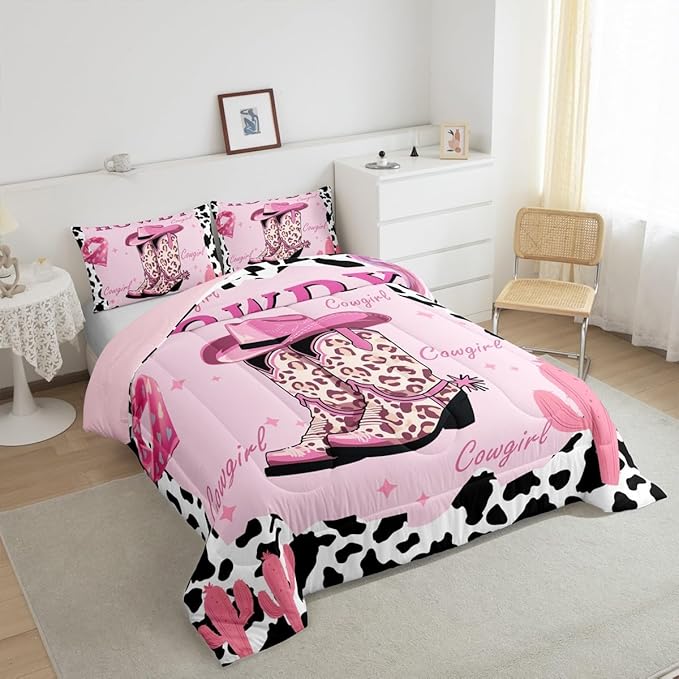 Castle Fairy Pink Cowgirl Bedding Set Full Size Milk Cow Print Comforter Set for Girls Room Decor Modern Leopard Cowboy Boots Down Comforter Desert Cactus Quilt Set with 2 Pillowcases