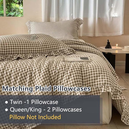 NSNLGSGC Tan Ruffle Gingham Comforter Set King, Pre-Washed Ruffled Taupe Plaid Checked Comforter Bedding, 3 Pieces Vintage Farmhouse Grid Bedding Set(Tan Gingham, King)