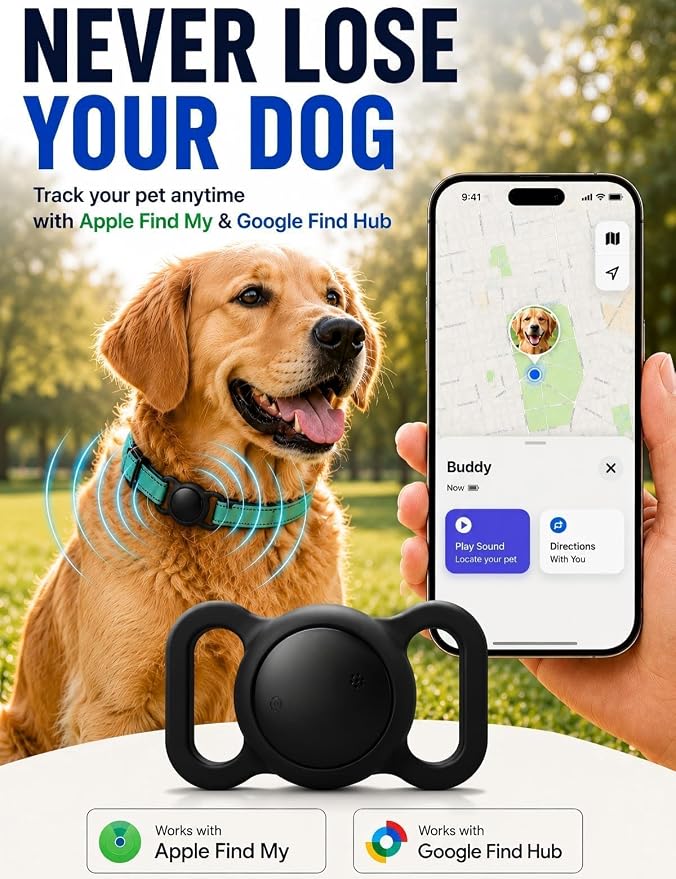 GPS Tracker for Dogs (iOS & Android), No Subscription Real-Time Tracking | Bluetooth Smart Finder Tag Works with Google Find Hub & Apple Find my App, Anti-Lost for Pet Items Kitten Grey