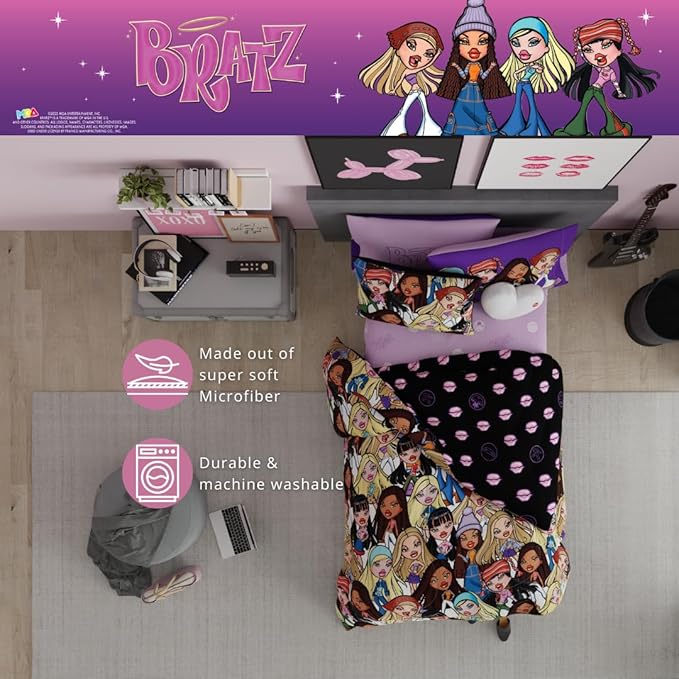 Bratz Fashion Bedding 5 Piece Super Soft Reversible Comforter and Sheet Set with Sham, Twin, (100% Official Licensed Product) by Franco