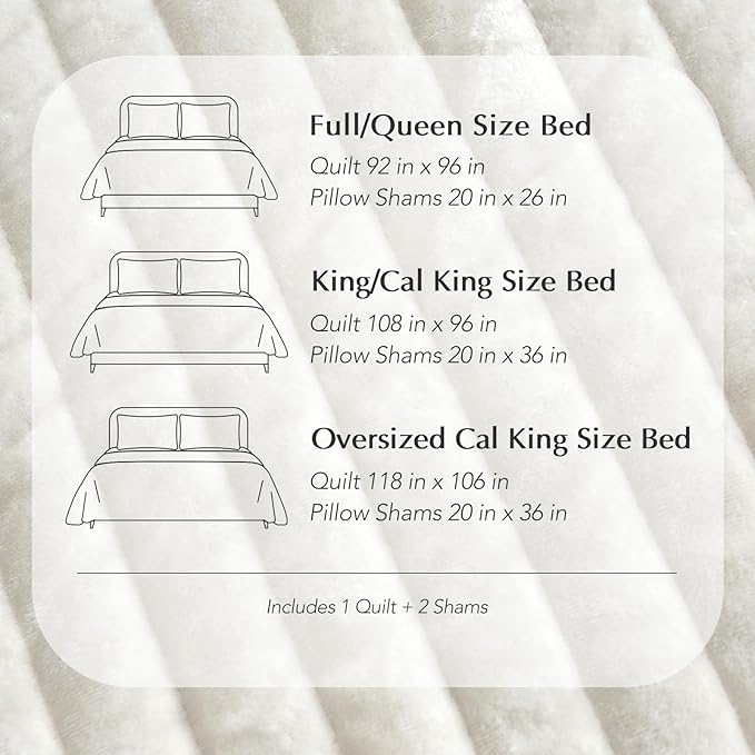 EVERGRACE Velvet Quilt Set California King 118'' x 106'', Luxurious Soft Striped Channel Bedding Set, Lightweight Velvet Comforter for All Season, Oversized Bedspread Coverlet w/ 2 Shams, Ivory White