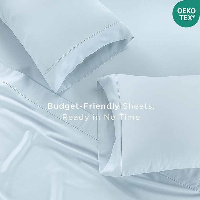 Threadmill 100% Cotton Sheets for King Size Bed | 4 Pc King Bed Sheets Set | Soft, Breathable Lightweight Solid Sateen for All-Season Use | Snug Fit Elastic Deep Pocket King Sheets | Light Blue