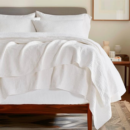 EVERGRACEHOME Cotton Coverlet Set Full Queen Size 3 Pieces, Lightweight Soft Ribbed Matelassé Bedspread Quilt Set, Cozy Oversized Quilted Bedding Set with 2 Pillow Shams for All Seasons, Ivory White