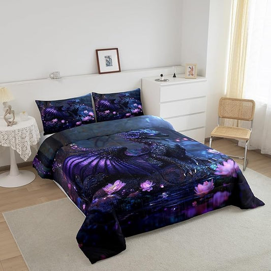 Feelyou Dragon Comforter Set Twin Size Dragon Stuff Comforter for Boys Girls Teens Wild Life Bedding Set Flower Duvet Set Room Decor Black Purple Quilt Set