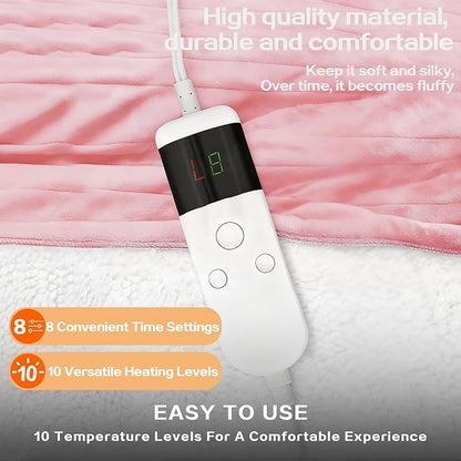 Electric Heated Blanket Throw Size 50''x60''-Control Heating Blanket, Soft & Warm Flannel 10-Level Temperature Control, 8 Hours Auto Off, Rapid Heating & Overheat Protection