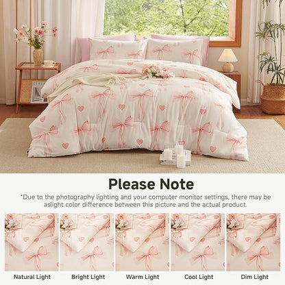 Pink Bow Comforter Set King Size - 3 Pieces Pink White Heart Comforter Bedding Sets Reversible Pattern,King Bed in a Bag for Girls Comforter and 2 Pillowcases