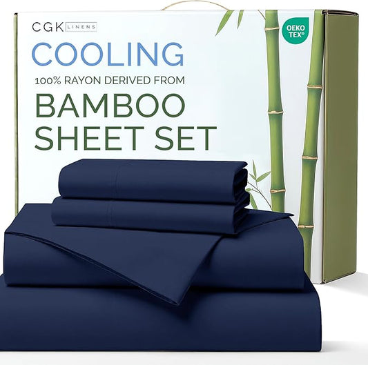 100% Rayon Derived From Bamboo - Bamboo Sheets King Size - Cooling Sheets for King - Soft, Breathable & Hotel Luxury Bedding - 1 Flat & 1 Fitted & 2 Pillowcases with 16 Inch Deep Pockets - Navy Blue