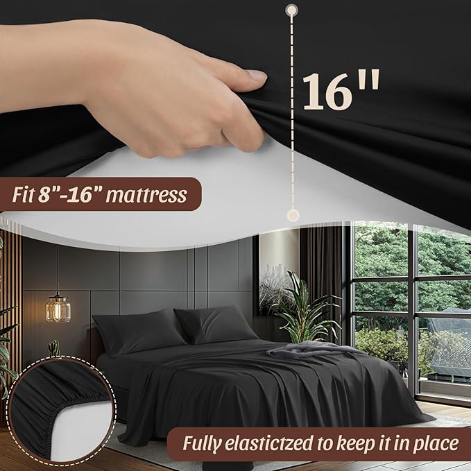 100% Egyptian Cotton Sheets 1200 Thread Count Queen Size Bedding Sets 4 Pcs, Fitted Sheet Up to 16" Deep Breathable All Seasons (Queen, Black)