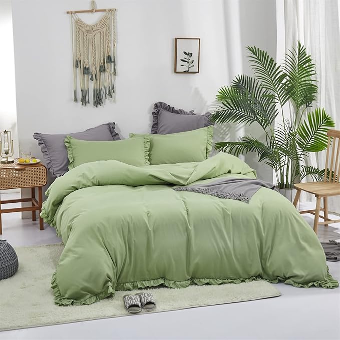 CLOTHKNOW Green Ruffle Queen Comforter Set Farmhouse Bedding Comforter Sets Sage Green Shabby Chic Comforter with 2 x Pillowcases
