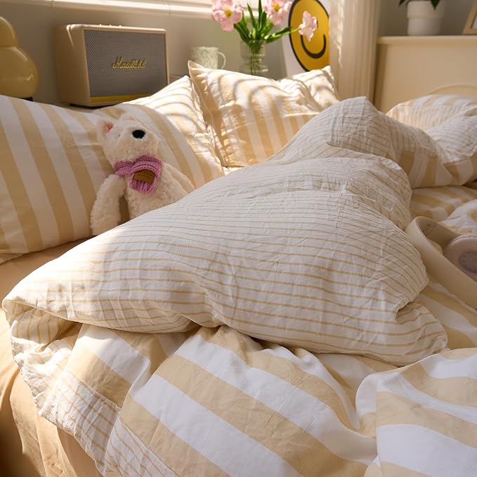 Salmon Pink Striped Duvet Covers Full Hotel Pattern Comforter Cover Full Size Boho Cute Dorm Cozy Duvet Cover Set with 2 Pillow Cases Neutral Teen Girl Bedding Washed Microfiber Duvet Protector