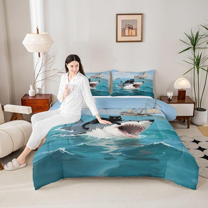Erosebridal Black Cat Quilt Insert Twin Size Shark Bedding Set for Kids Girls Boys Safari Kitten Sea Waves Marine Nautical Blue Comforter Warm Soft Comforter Set