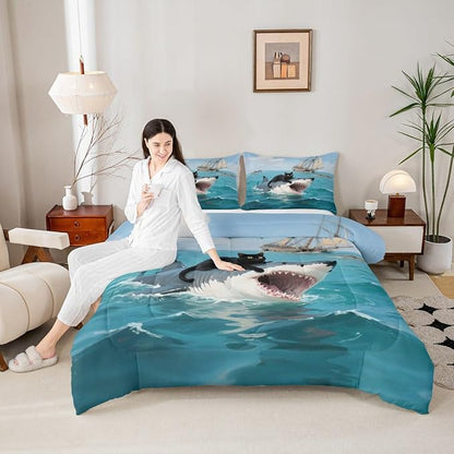 Erosebridal Black Cat Quilt Insert Toddler Size Shark Bedding Set for Kids Girls Boys Safari Kitten Sea Waves Marine Nautical Blue Comforter Warm Soft Comforter Set