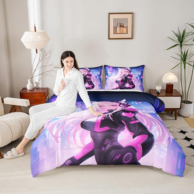 Erosebridal Full Anime Girl Comforter Set 3 Piece, Kawaii Japanese Anime Bedding Set Cartoon Girl Bedding Comforter Sets Sci Fi Style Japanese Animation Quilt for Kids Girls Teens Adult Room