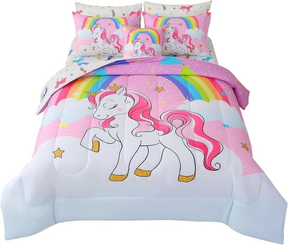 JQinHome Unicorn Full Bedding Sets for Girls Kids,8 Piece Bed in A Bag 3D Pink Sky Rainbow Clouds Theme Unicorn Comforter Set with Sheet Set(Pink Purple)