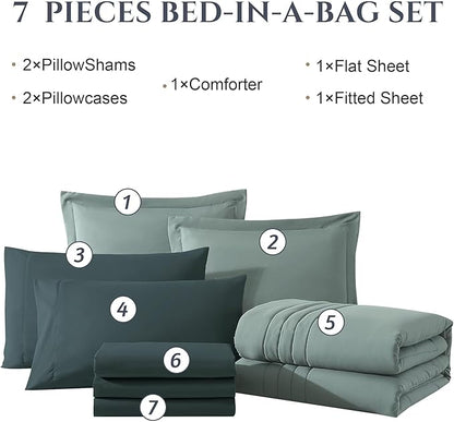 Monbix California King Size Comforter Set - 7 Pieces Bed in a Bag California King, Sage Green Bedding Sets, All Seasons Comforter Bed Set with Sheets, Pillowcases & Shams