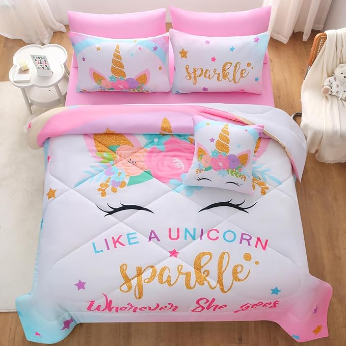 JQinHome Unicorn Queen Bedding Sets for Girls Kids,8 Piece Bed in A Bag 3D Colorful Flower Girl Unicorn Comforter Set with Sheet Set(Sparkle)