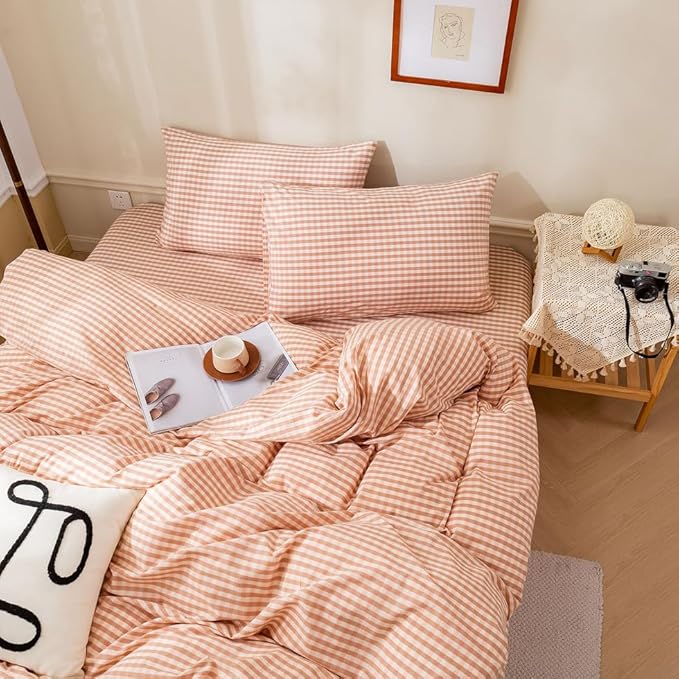 EAVD Pink Tan Gingham Comforter Set King Soft Washed Cotton Farmhouse Mini Pink Tan Checkered Plaid Bedding Set with 2 Pillowcases Modern Farmhouse Reversible Plaid Comforter Set for All-Season