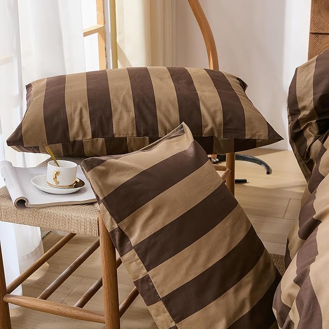 Merryword Brown Striped Duvet Cover Set King Size, 100% Natural Cotton Linen Like Duvet Cover Set with Zipper Closure & 8 Corner Ties, Brown Khaki Soft Reversible Bedding for All Seasons