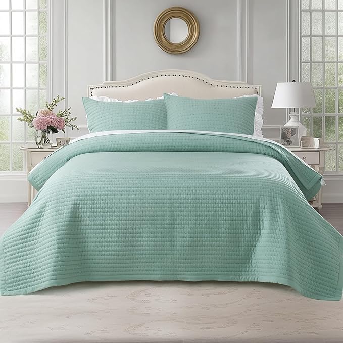 KASENTEX Queen Quilt Set 90"x90" – Soft Washed 3-Layer Lightweight Bedspread, Minimalist Nordic Design, All-Season Spring & Summer Quilt Set (1 Quilt + 2 Pillow Shams), Green