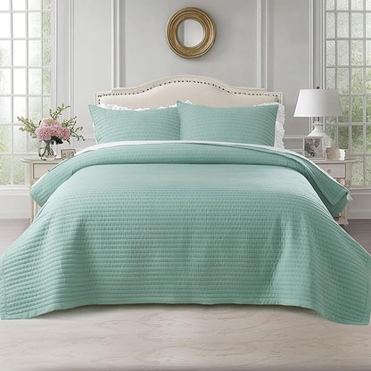 KASENTEX Twin Quilt Set 68"x86" – Soft Washed 3-Layer Lightweight Bedspread, Minimalist Nordic Design, All-Season Spring & Summer Quilt Set (1 Quilt + 2 Pillow Shams), Green