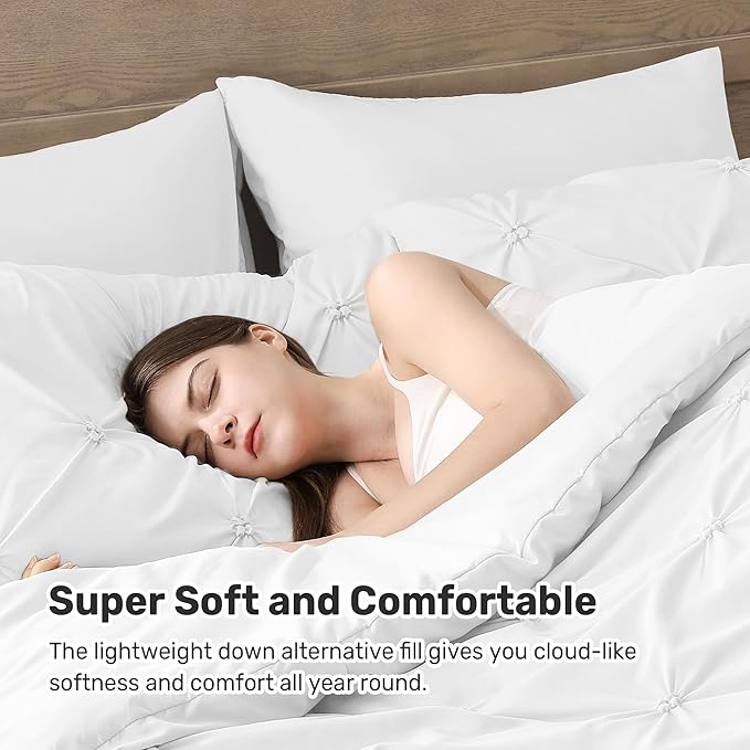 UNIKOME King Size Comforter Set White - Ultra Soft Boho Pintuck Down Alternative Bedding Set for All Seasons, 3 Pieces Lightweight Warm Pinch Pleat Bed Set with Comforter, 2 Pillowcases