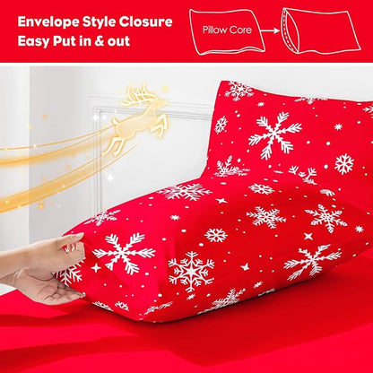 YIYEA Christmas Pillow Cases Queen Size Set of 4, Ultra Soft Double Brushed Microfiber Red Pillowcases and Christmas Snowflake Pillow Covers, Envelope Closure, Fade Resistant (20"x30")